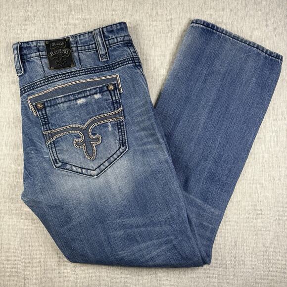 Rock Revival Jeans Mens 40x33 Victor Relaxed Straight Denim Distressed Stitch - Picture 1 of 11